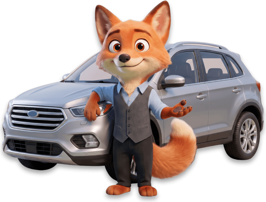 Renard, la mascotte d'Autorenard, devant une voiture